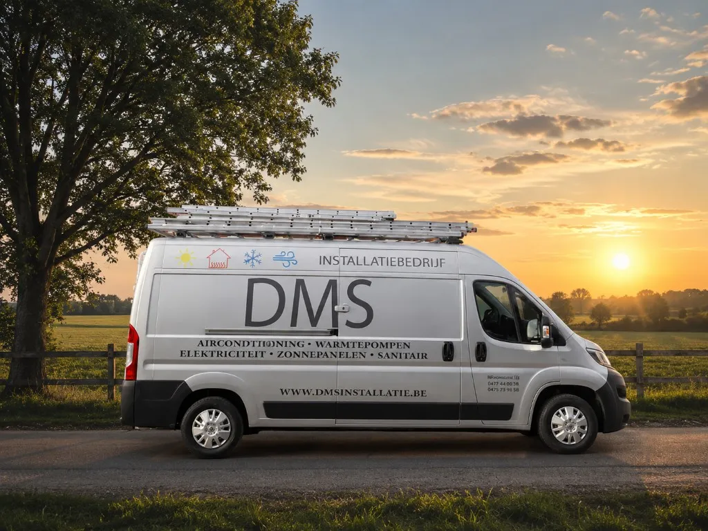 DMS Installatie servicebus op locatie bij zonsondergang